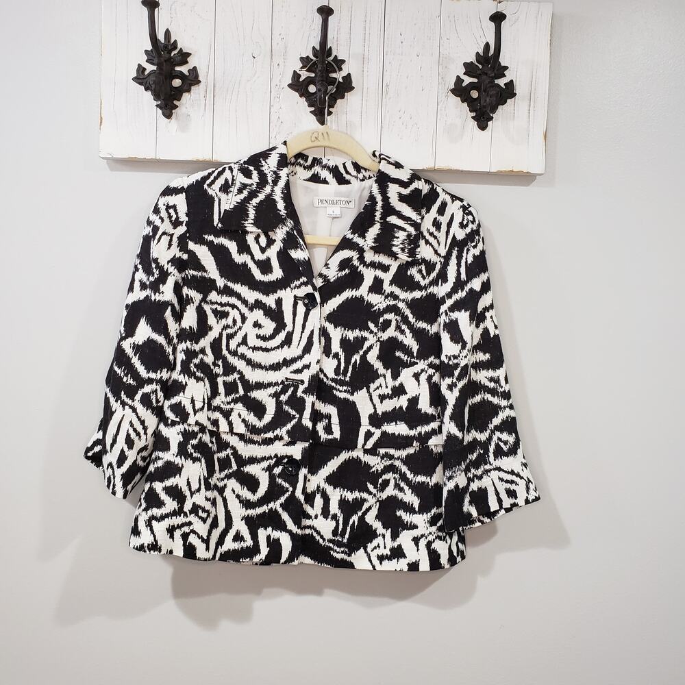 Vintage Pendleton Womens S Black White Geometric Cropped Blazer 3/4 Sleeve
